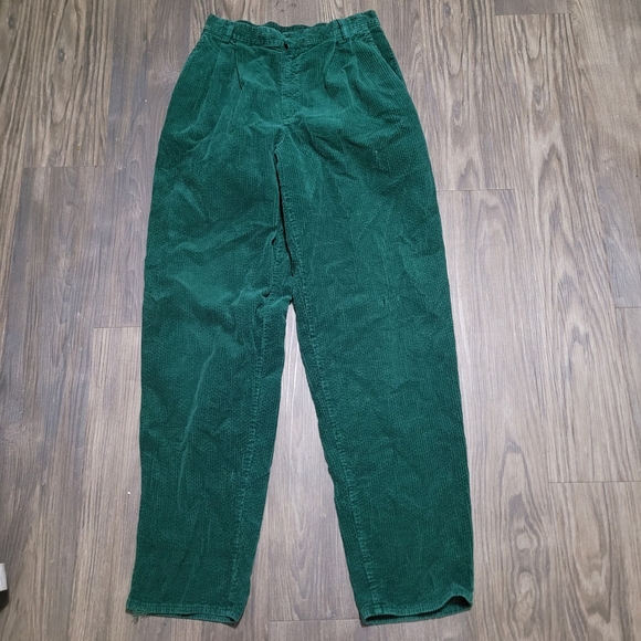 Pants - 80s Vintage Deep Green Corduroy Pleated Trousers Size 26/27 Pleated Cotton